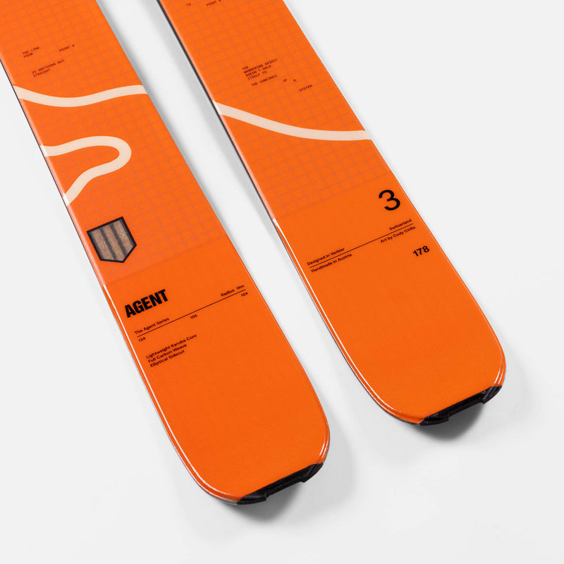 Faction Agent 3 orange free touring ski close up shot 2026