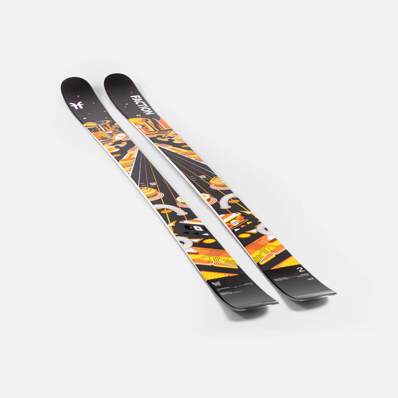 Freestyle and all-mountain black and yellow Faction Prodigy 2 ski close up 2026