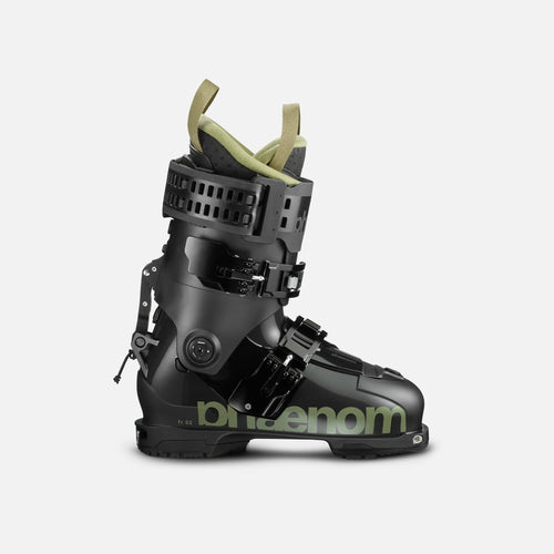 Black and green freeride and touring ski boots phaenom fr 110 on snow
