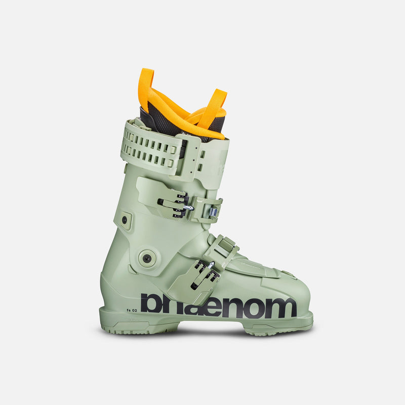 Green and yellow phaenom fs 02 90 ski freestyle all mountain piste boot sideview product shot