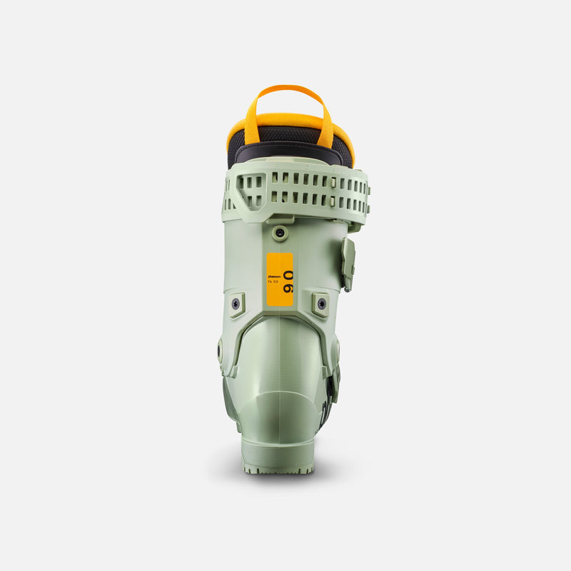 Green and yellow phaenom fs 02 110 ski freestyle all mountain piste boot back product shot
