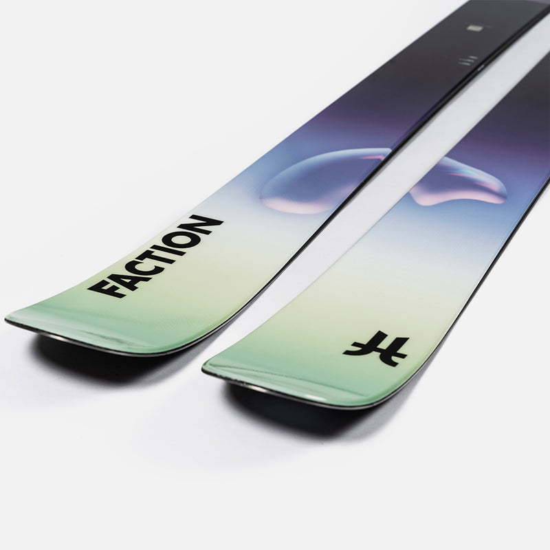 Close-up of Faction Mana 3 Eg, green and purple limited edition ski.
