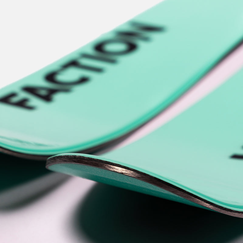 Close-up of Faction Agent 1X, turquoise touring ski.