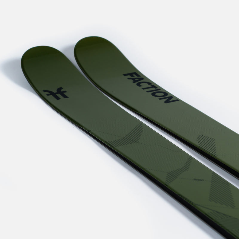 Close-up of Faction Agent 2, green touring ski.