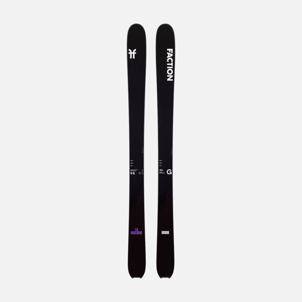 Topsheet of Faction La Machine Grom, black touring ski on a grey background.