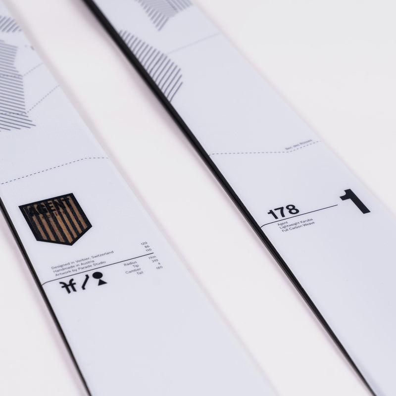 Close-up of Faction Agent 1, white touring ski.