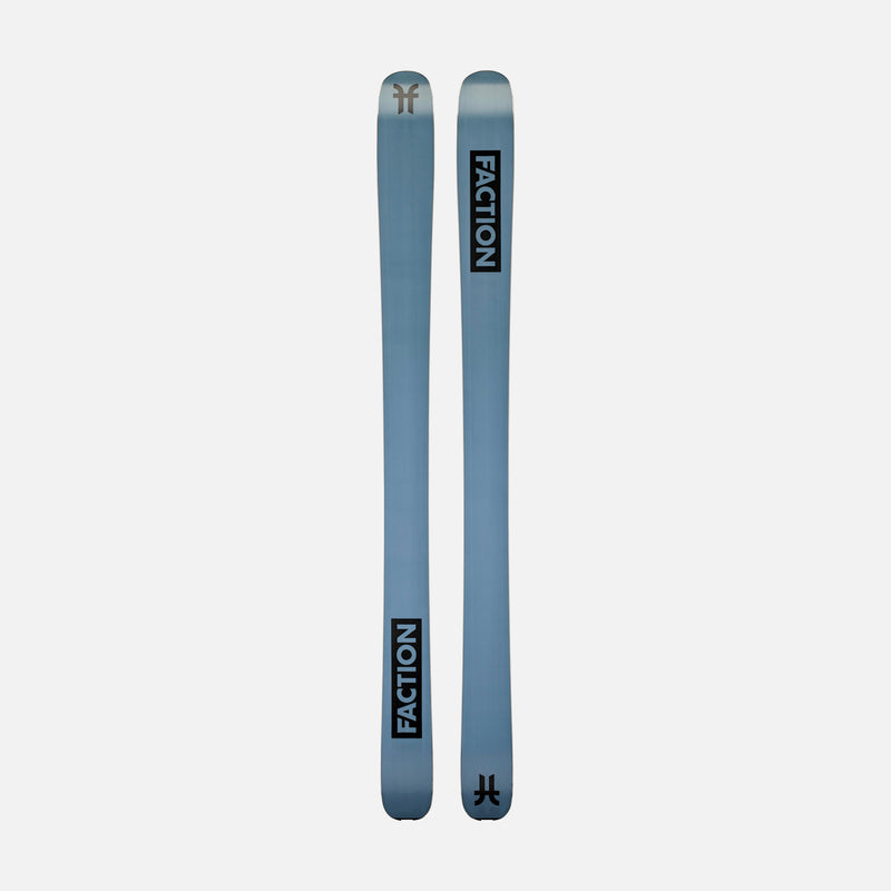 Bases of Faction Agent 3, blue freeride ski on a grey background.