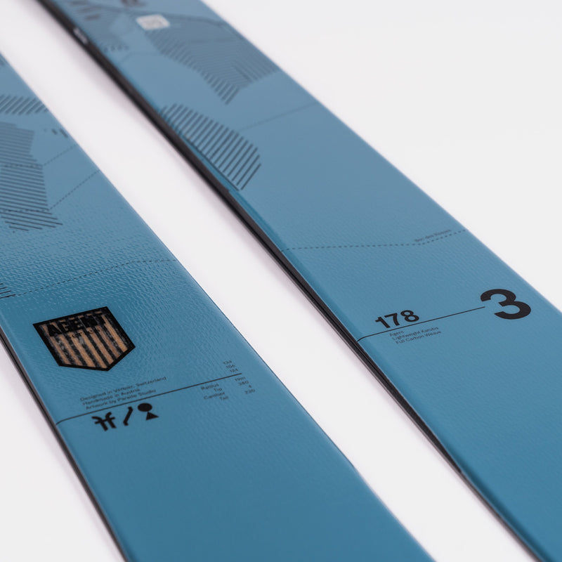 Close-up of Faction Agent 3, blue freeride ski.