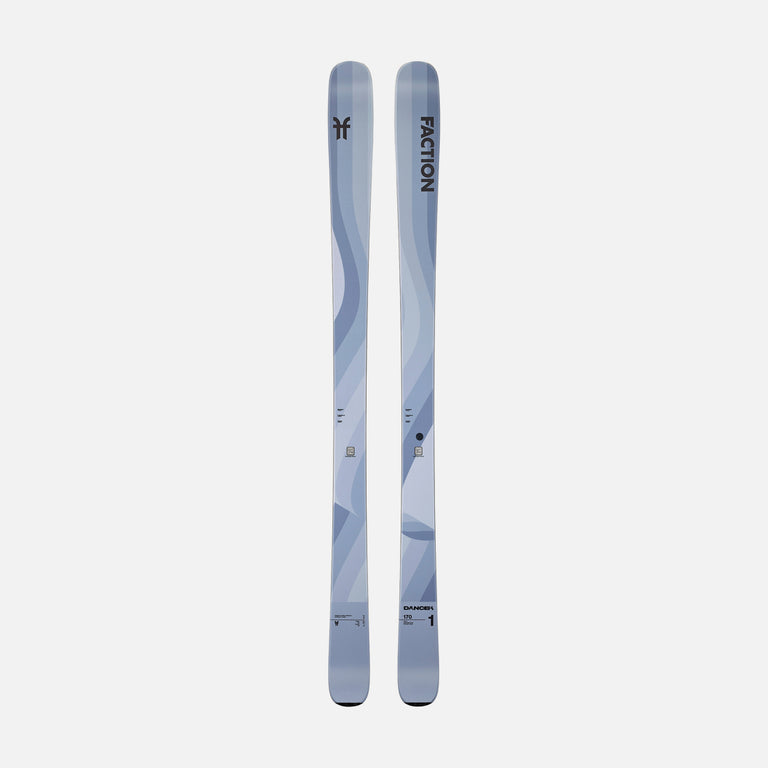 Topsheet of Faction Dancer 1, grey all-mountain ski on a grey background.