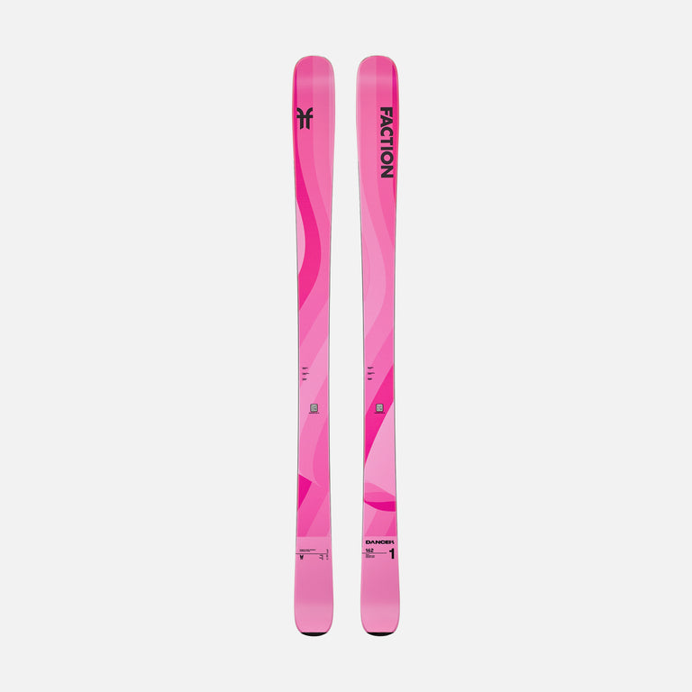 Topsheet of Faction Dancer 1, pink all-mountain ski on a grey background.