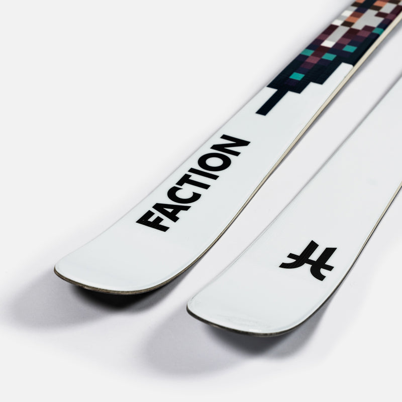 Close-up of Faction Le Mogul, white mogul ski.