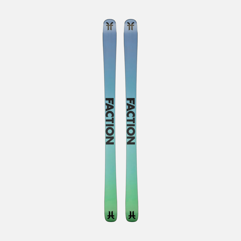 Bases of Faction Prodigy 1, black and white all-mountain ski on a grey background.