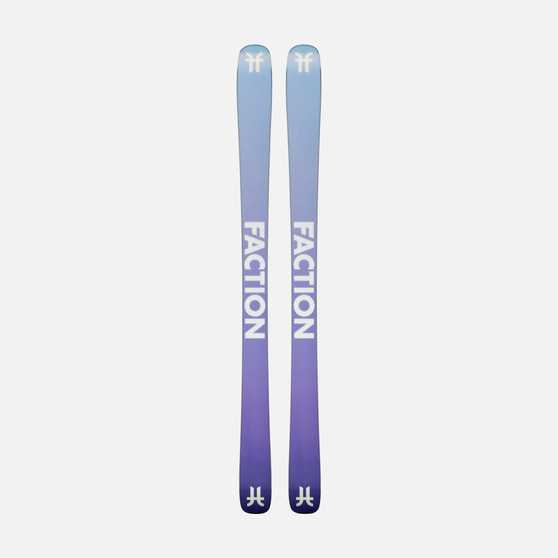 Bases of Faction Prodigy 1 Capsule, white and blue all-mountain ski on a grey background.