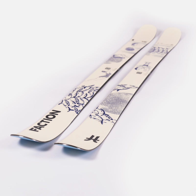 Close-up of Faction Prodigy 1 Capsule, white and blue all-mountain ski.