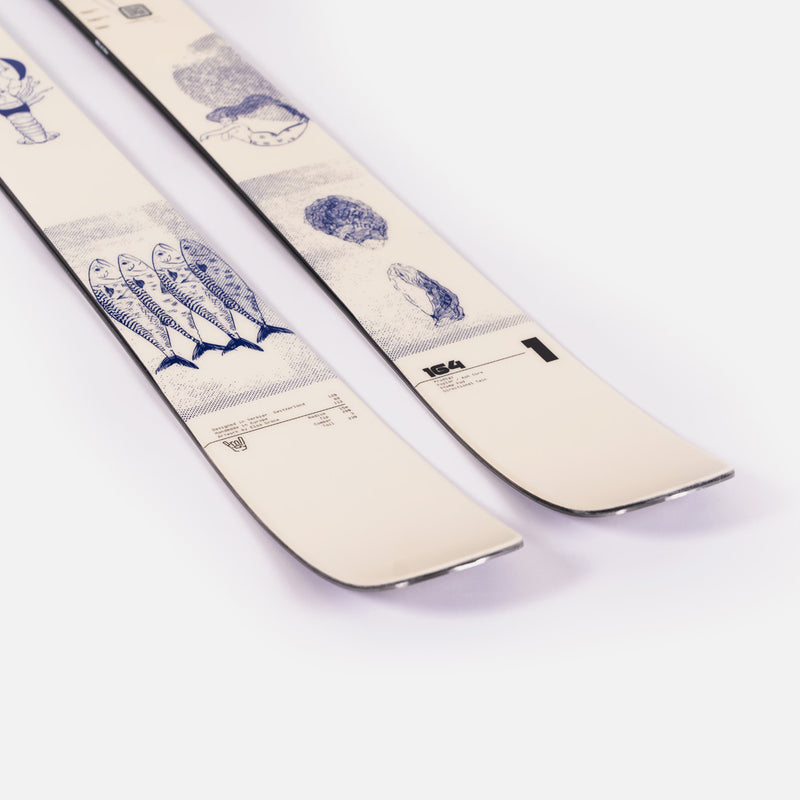 Close-up of Faction Prodigy 1 Capsule, white and blue all-mountain ski.