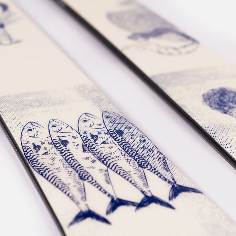 Close-up of Faction Prodigy 1 Capsule, white and blue all-mountain ski.