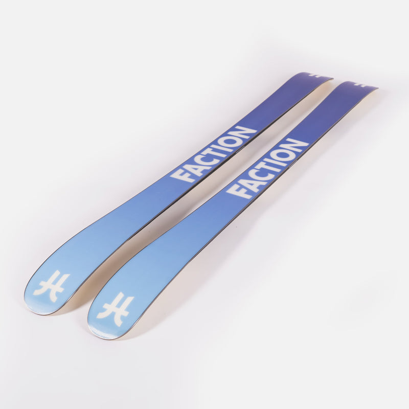Close-up of Faction Prodigy 1 Capsule, white and blue all-mountain ski.