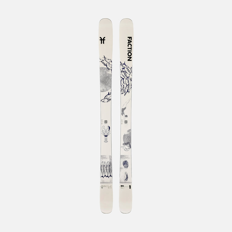 Topsheet of Faction Prodigy 1 Capsule, white and blue all-mountain ski on a grey background.