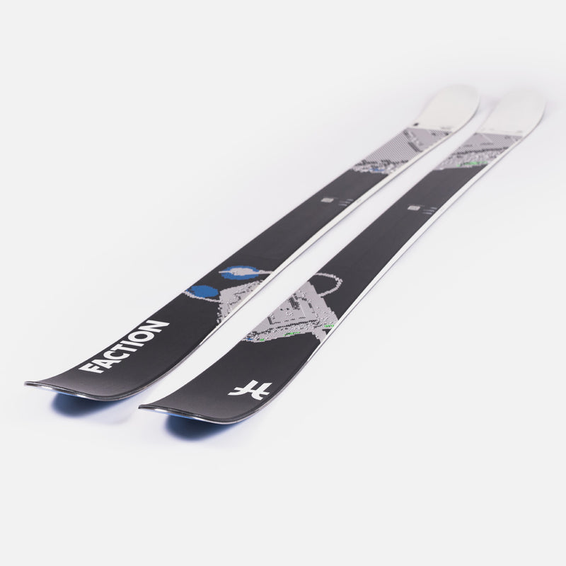 Close-up of Faction Prodigy 1, black and white all-mountain ski.