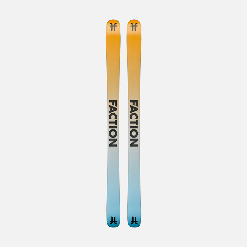 Bases of Faction Prodigy 2, black and white all-mountain ski on a grey background.