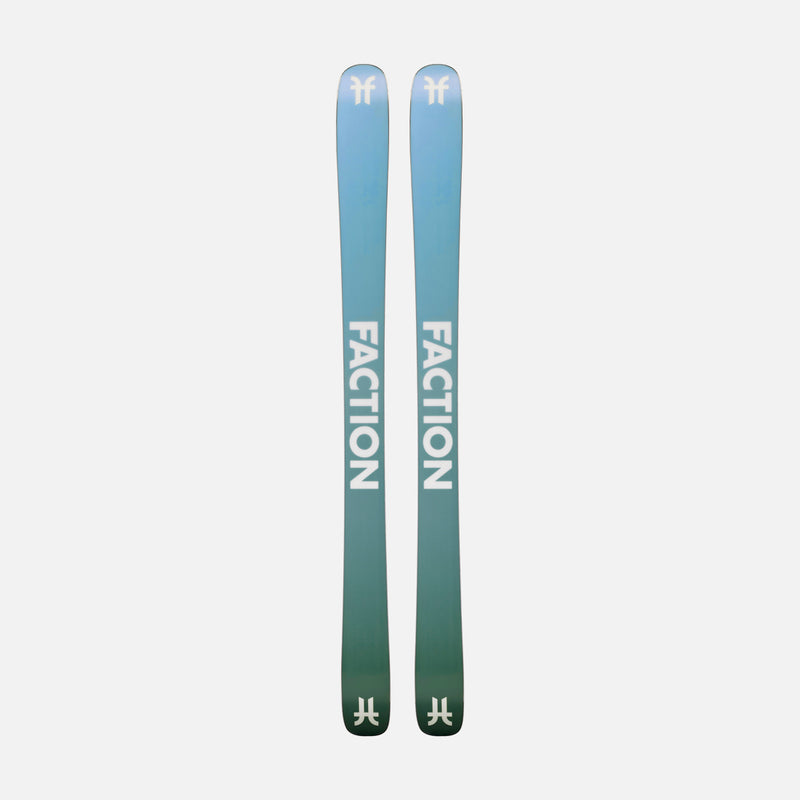 Bases of Faction Prodigy 2 Capsule, white and green all-mountain ski on a grey background.