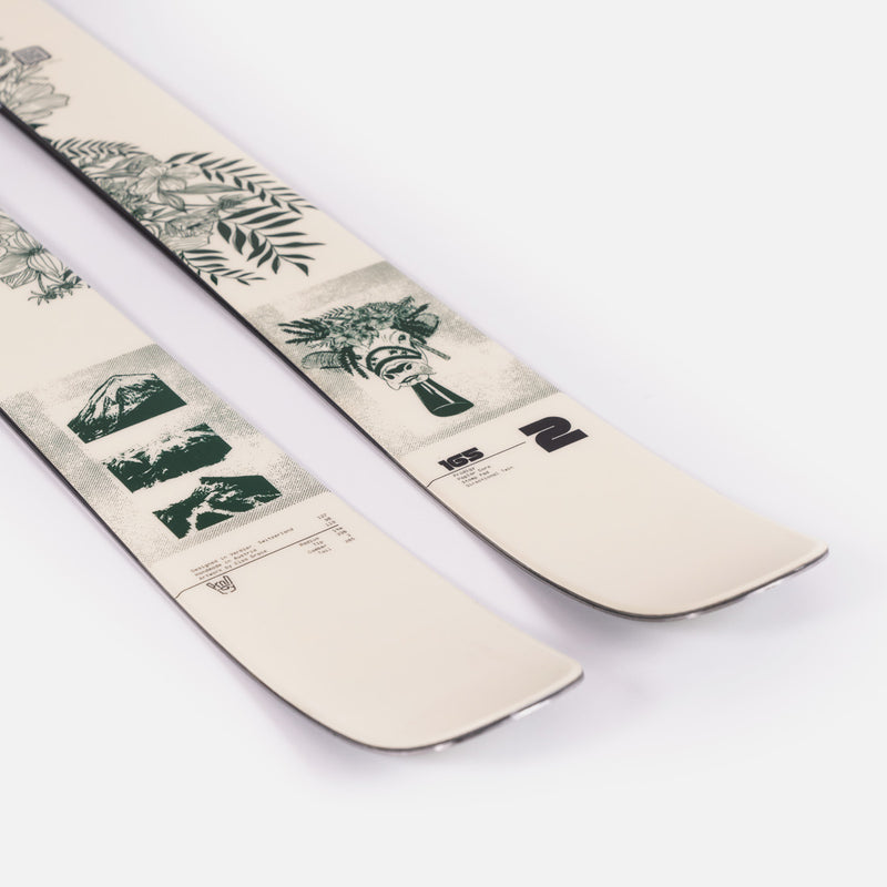 Close-up of Faction Prodigy 2 Capsule, white and green all-mountain ski.