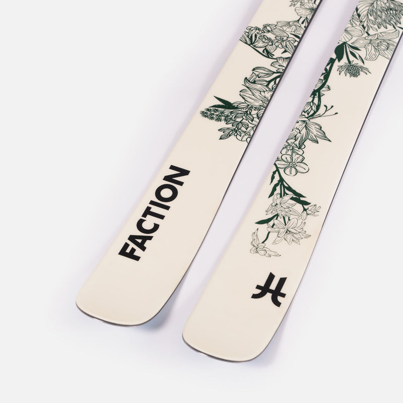 Close-up of Faction Prodigy 2 Capsule, white and green all-mountain ski.