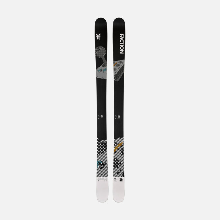 Topsheet of Faction Prodigy 2, black and white all-mountain ski on a grey background.