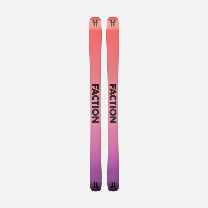 Bases of Faction Prodigy 3, black and white all-mountain ski on a grey background.