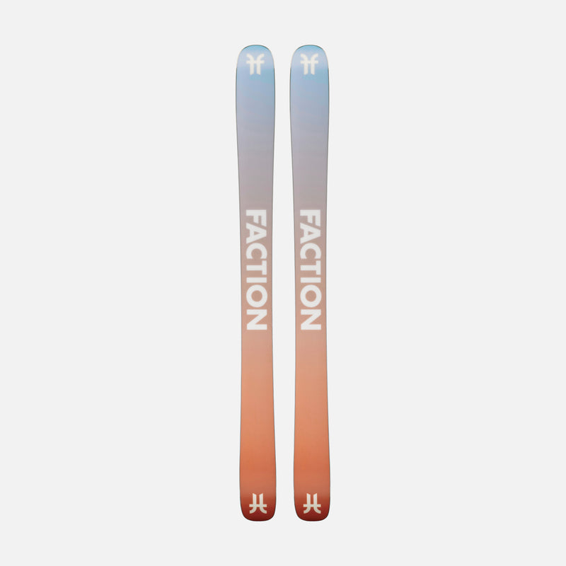 Bases of Faction Prodigy 3 Capsule, white and red all-mountain ski on a grey background.