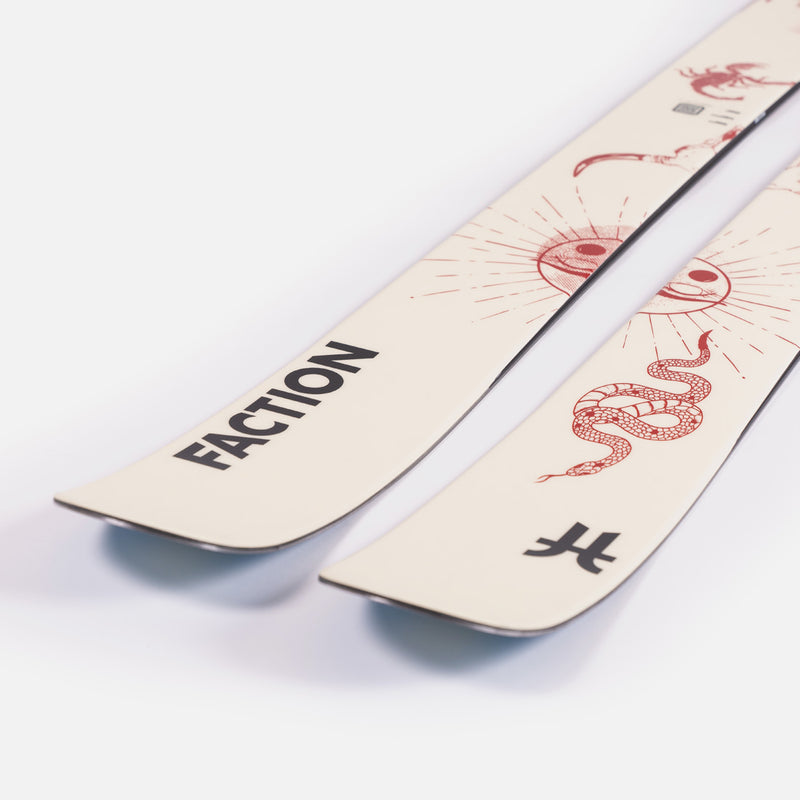Close-up of Faction Prodigy 3 Capsule, white and red all-mountain ski.
