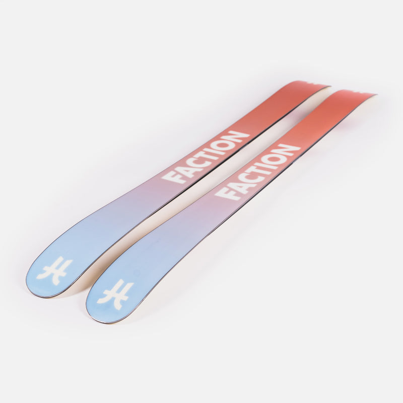 Close-up of Faction Prodigy 3 Capsule, white and red all-mountain ski.