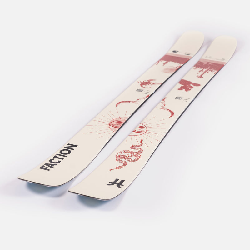Close-up of Faction Prodigy 3 Capsule, white and red all-mountain ski.
