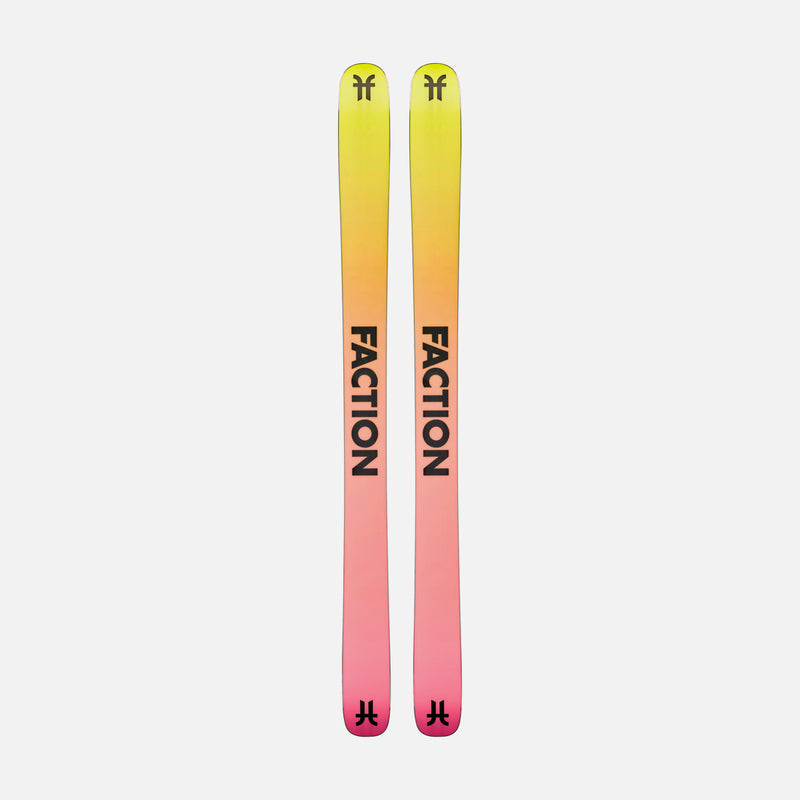 Bases of Faction Prodigy 4, black and white freeride ski on a grey background.