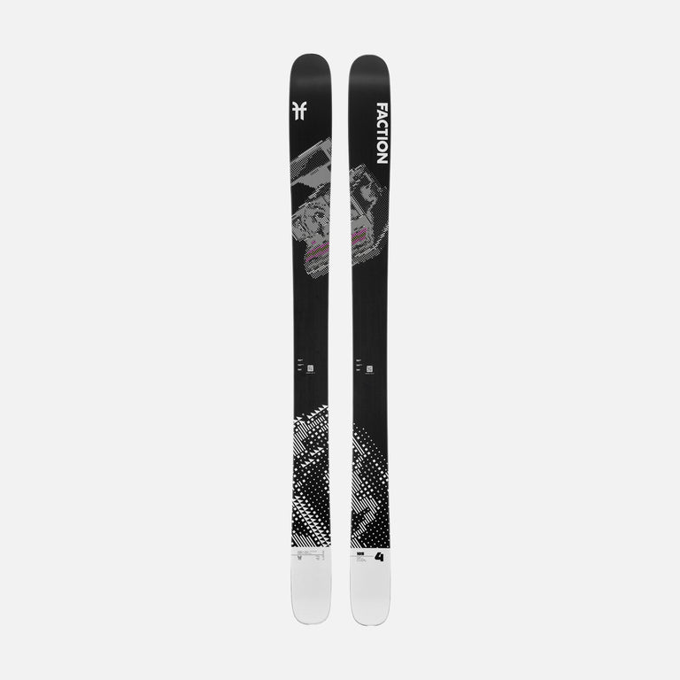 Topsheet of Faction Prodigy 4, black and white freeride ski on a grey background.