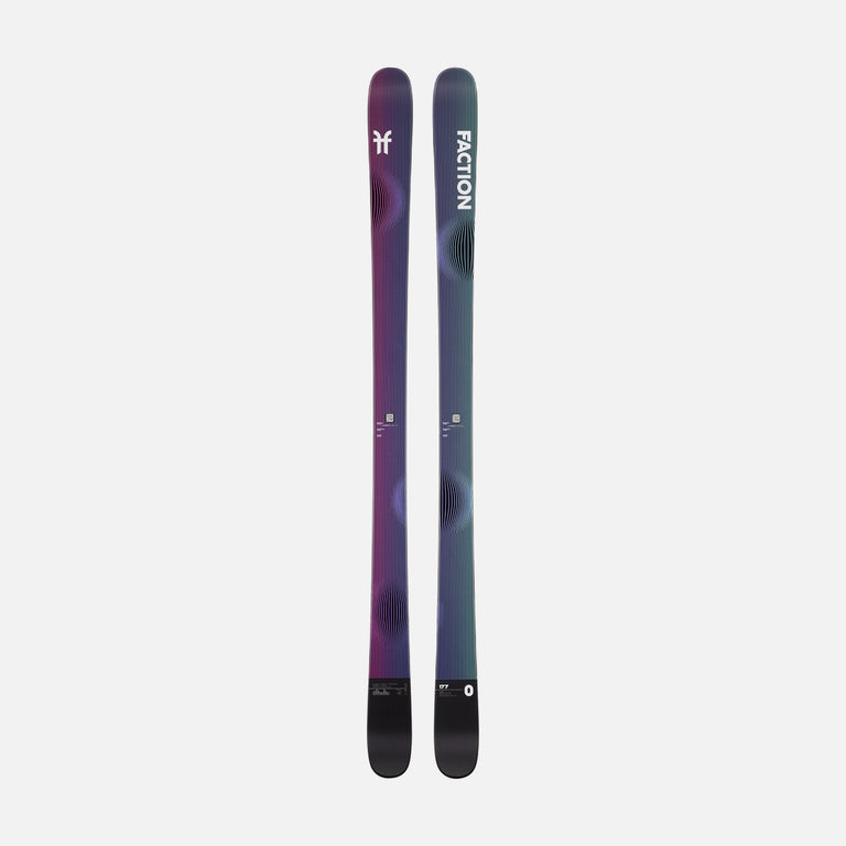 Topsheet of Faction Studio 0, purple and blue park & pipe ski on a grey background.