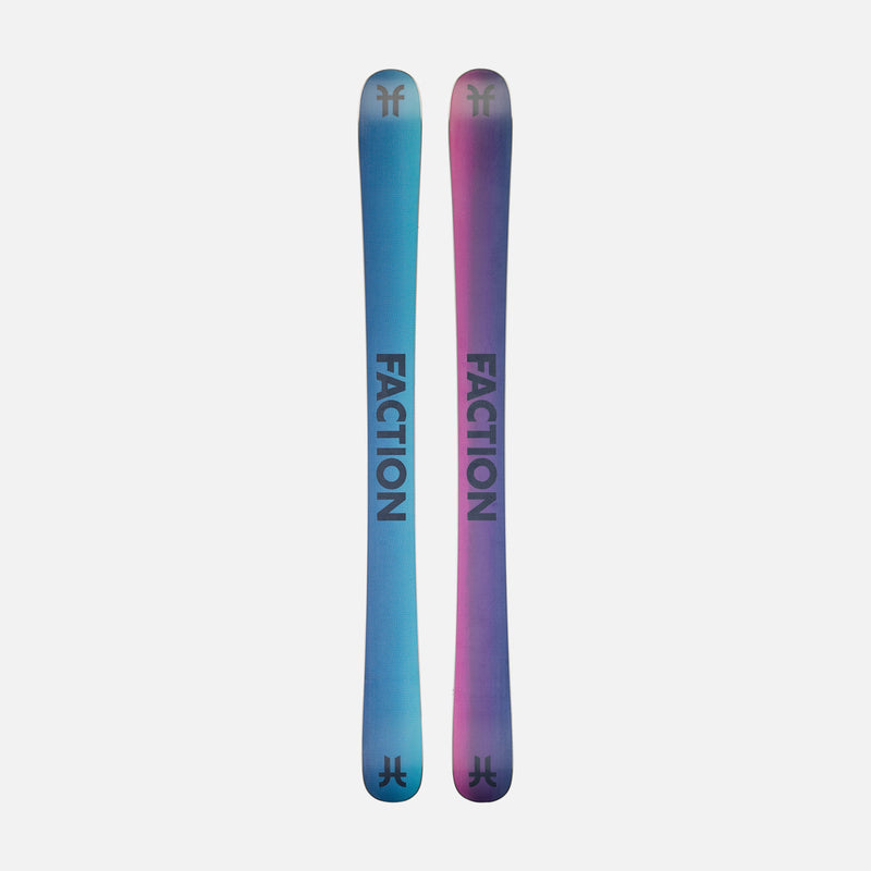 Bases of Faction Studio Grom, purple and blue freeride ski on a grey background.