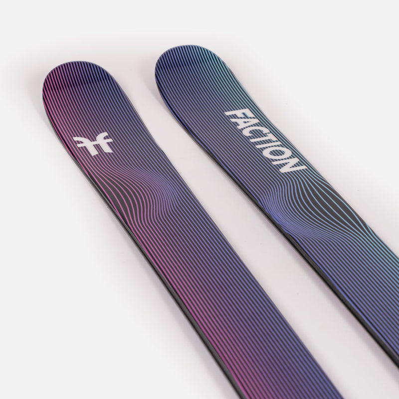 Close-up of Faction Studio 1, purple and blue park & pipe ski.