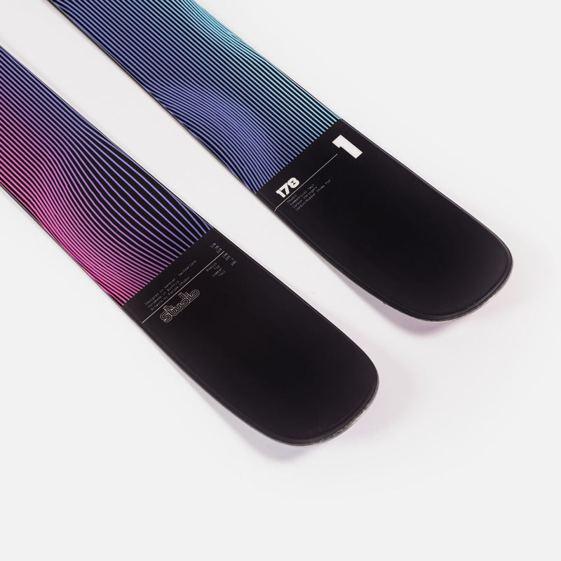 Close-up of Faction Studio 1, purple and blue park & pipe ski.