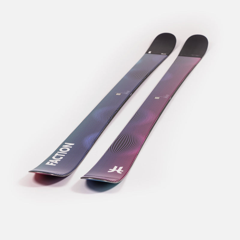 Close-up of Faction Studio 1, purple and blue park & pipe ski.