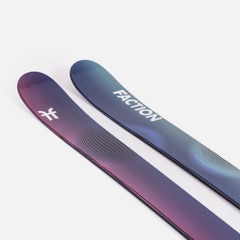 Close-up of Faction Studio 2, purple and blue all-mountain ski.