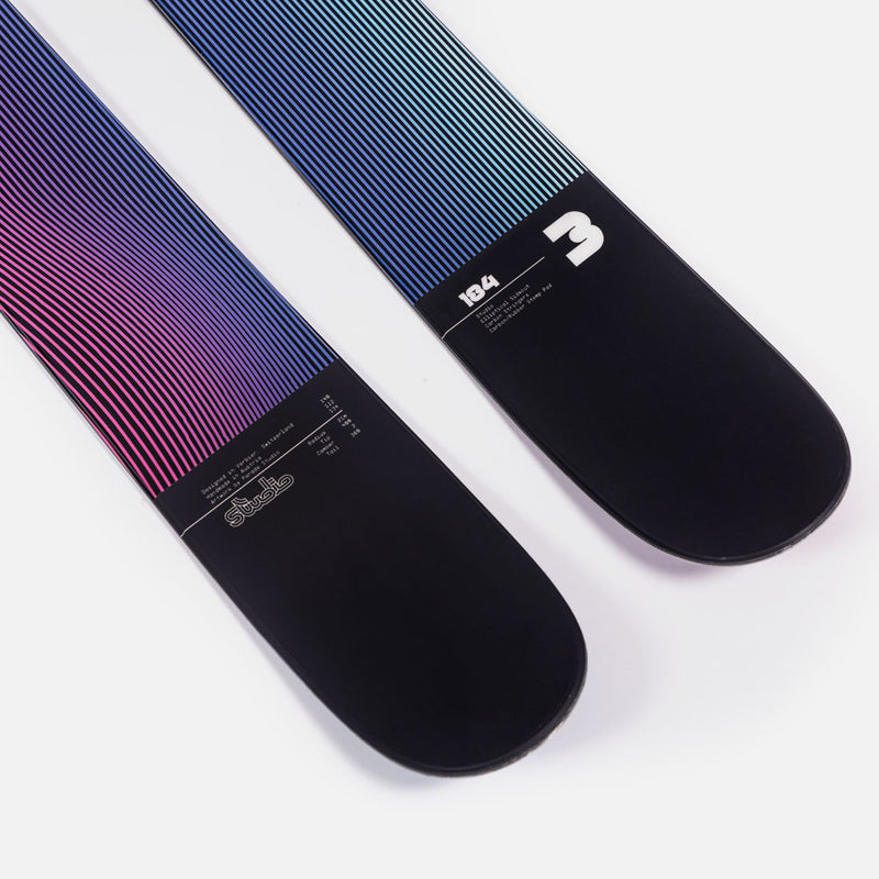 Close-up of Faction Studio 3, purple and blue freeride ski.