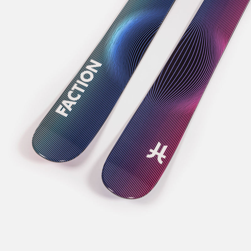 Close-up of Faction Studio 4, purple and blue freeride ski.