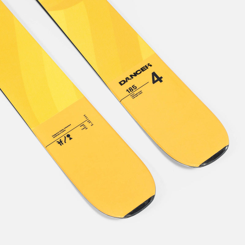 Close-up of yellow Faction Dancer 4 Freeride and Powder skis 2026