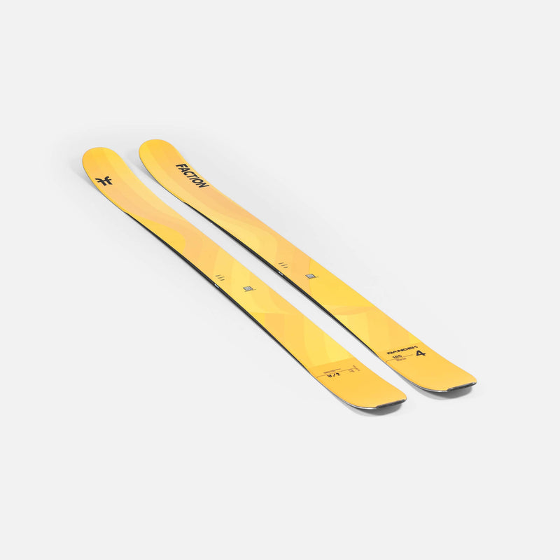 Close-up of yellow Faction Dancer 4 Freeride and Powder skis 2026