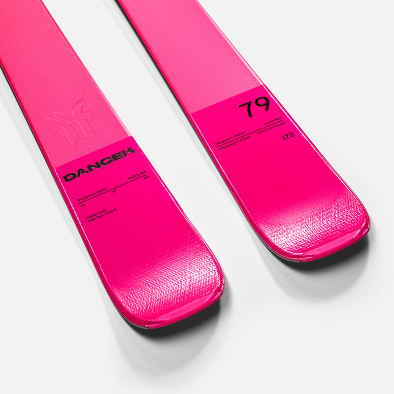 Red and pink piste ski Faction skis Dancer 79 close up shot 2026