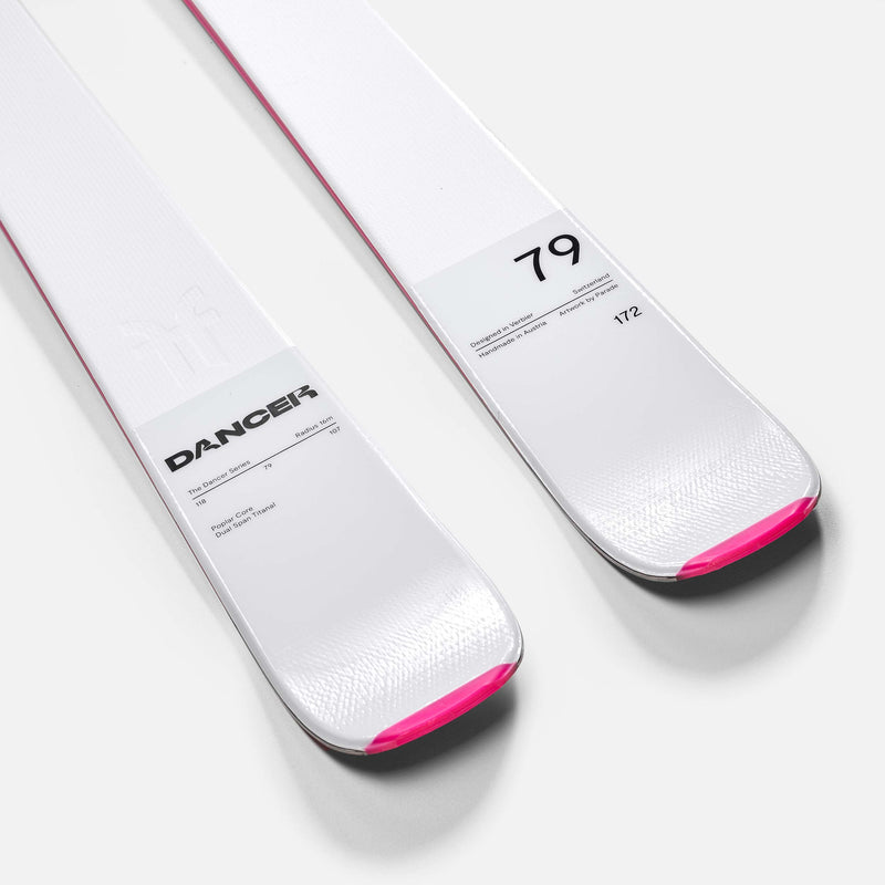 White and pink piste ski Faction skis Dancer 79 close up shot 2026