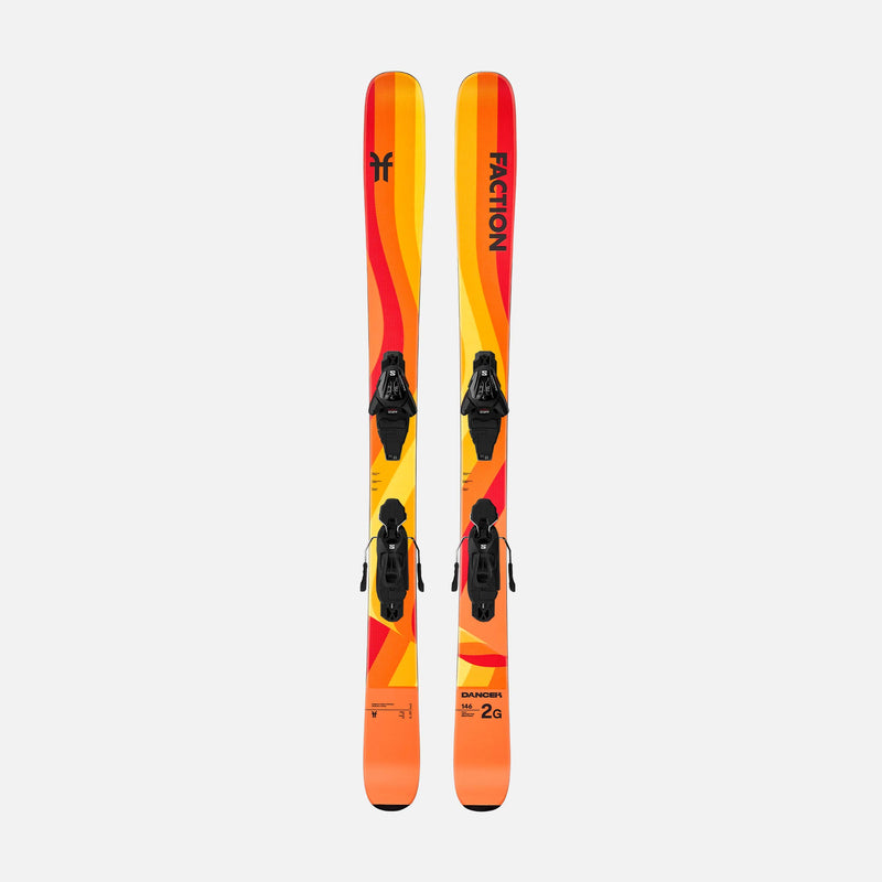 Orange and yellow Faction kids skis with L6 bindings on a white background