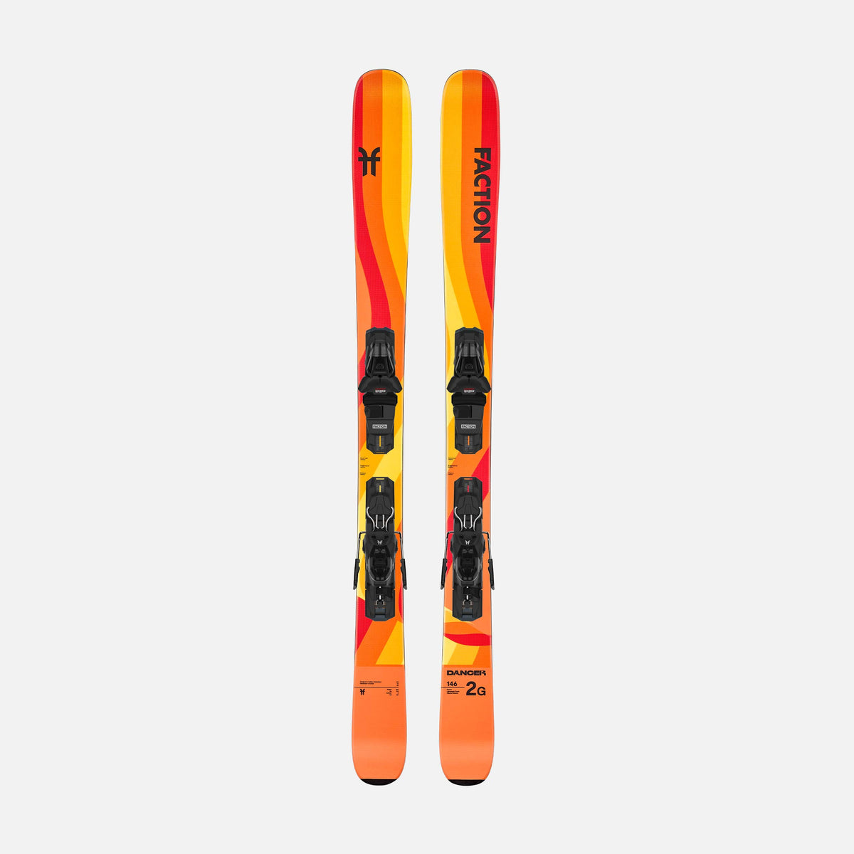Orange and yellow Faction kids skis with M10 bindings on a white background