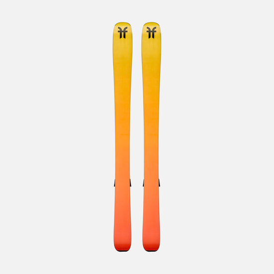 Pair of orange and yellow skis on a white background
